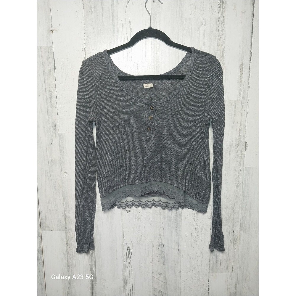Hollister Women's Long Sleeve Lace Trim Lightweight Knit Top Gray Size XS
